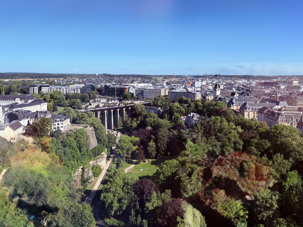The view from the temporary sky tower: Hovering above the green canyons of Luxembourg City